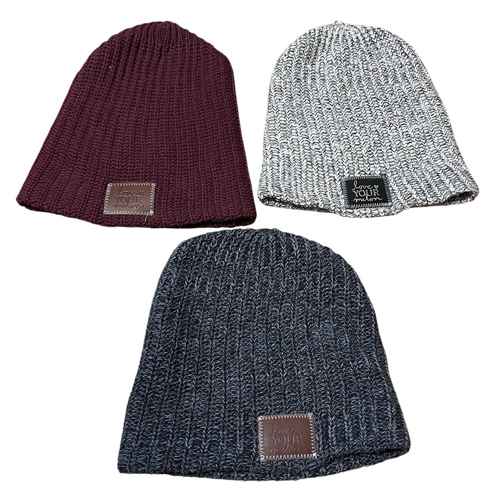 LOVE YOUR MELON Grey Red Cotton USA OVERSIZED Beanie Hat Leather Patch‎ Lot